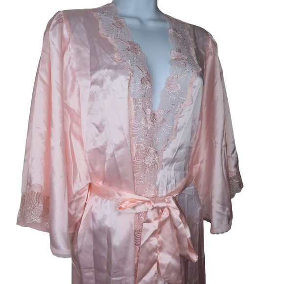 Vintage Full Length Satin Dressing Gown Robe L Pink Lace Belted Bell Sleeve NEW - Picture 5 of 10